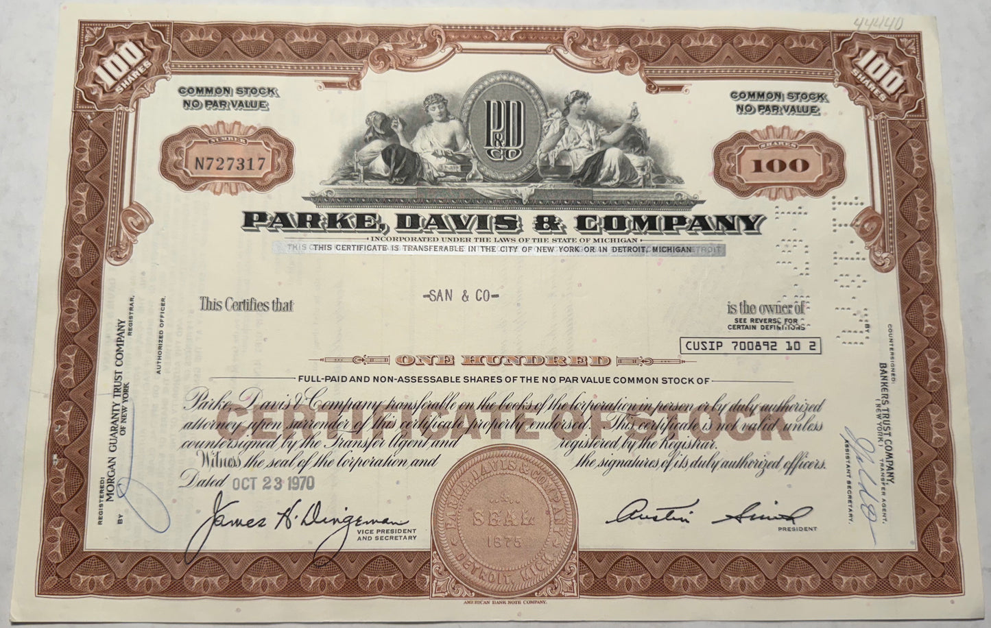 Park, David and Company Stock Certificate, Brown from 1970