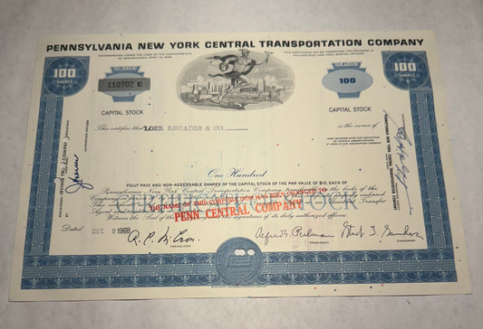 Pennsylvania New York Central Transportation Company Blue Stock Certificate, issued 1968, ft a man with a train, plane and city scape. Cancellation holes, stamps and writing present. 