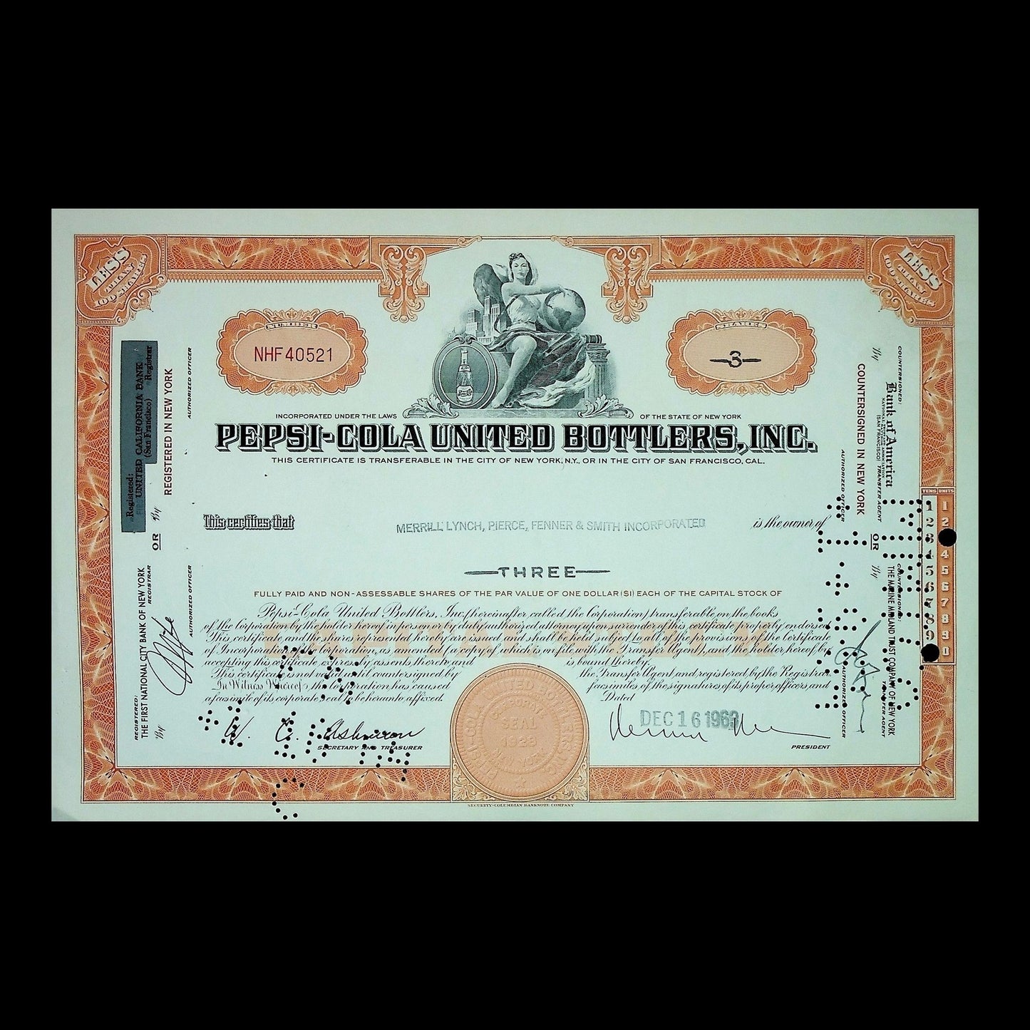 Pepsi-Cola United Bottlers Stock Certificate