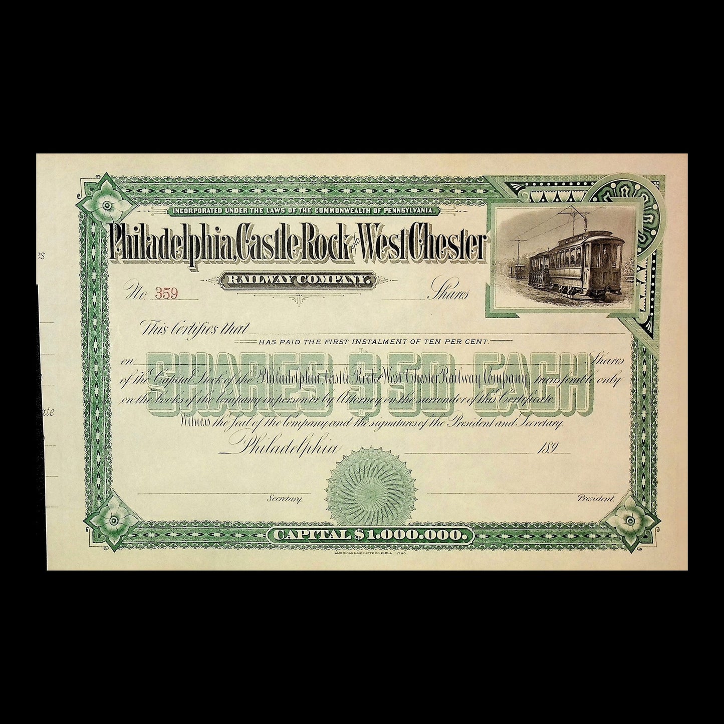 Philadelphia Castle Rock West Chester Railway Company Stock Certificate