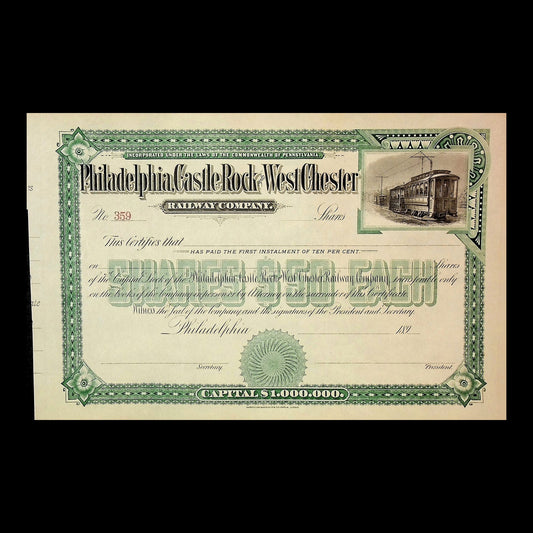Philadelphia Castle Rock West Chester Railway Company Stock Certificate