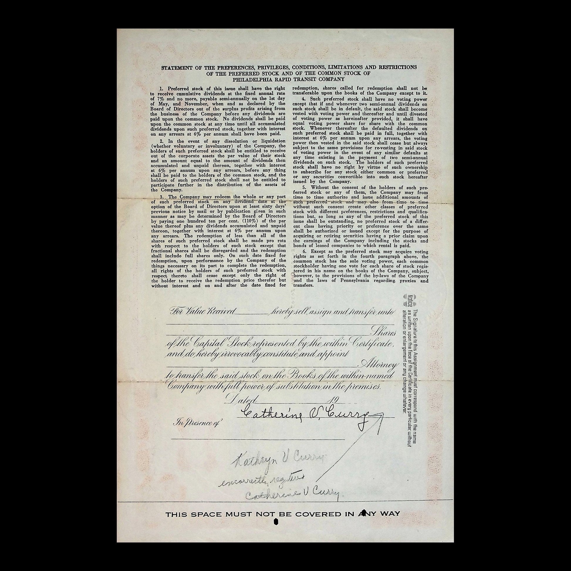 Philadelphia Rapid Transit Company Stock Certificate from 1927