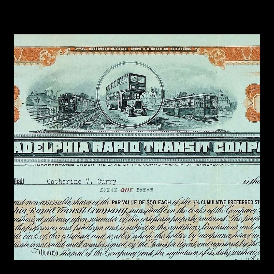 Philadelphia Rapid Transit Company Stock Certificate from 1927