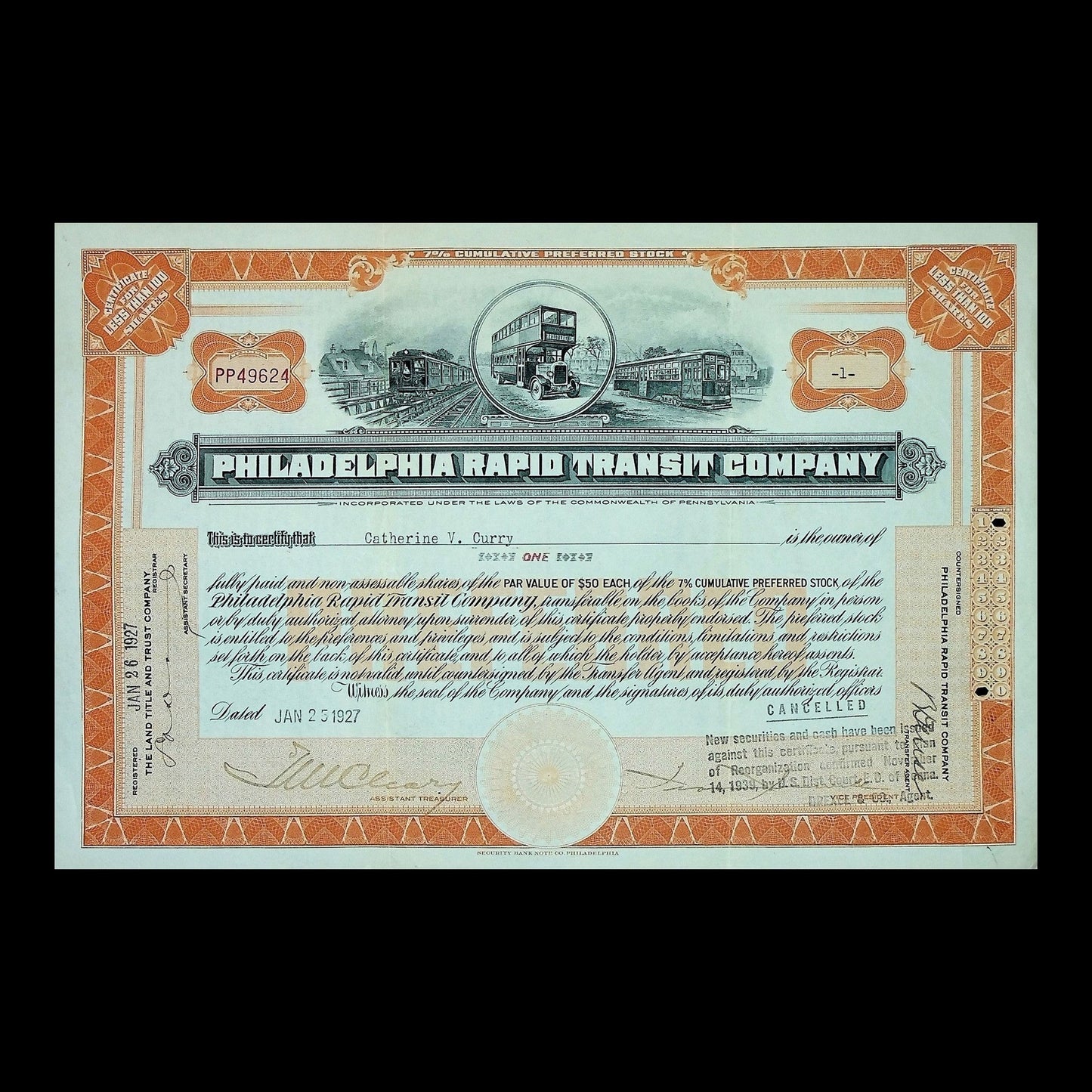 Philadelphia Rapid Transit Company Stock Certificate from 1927