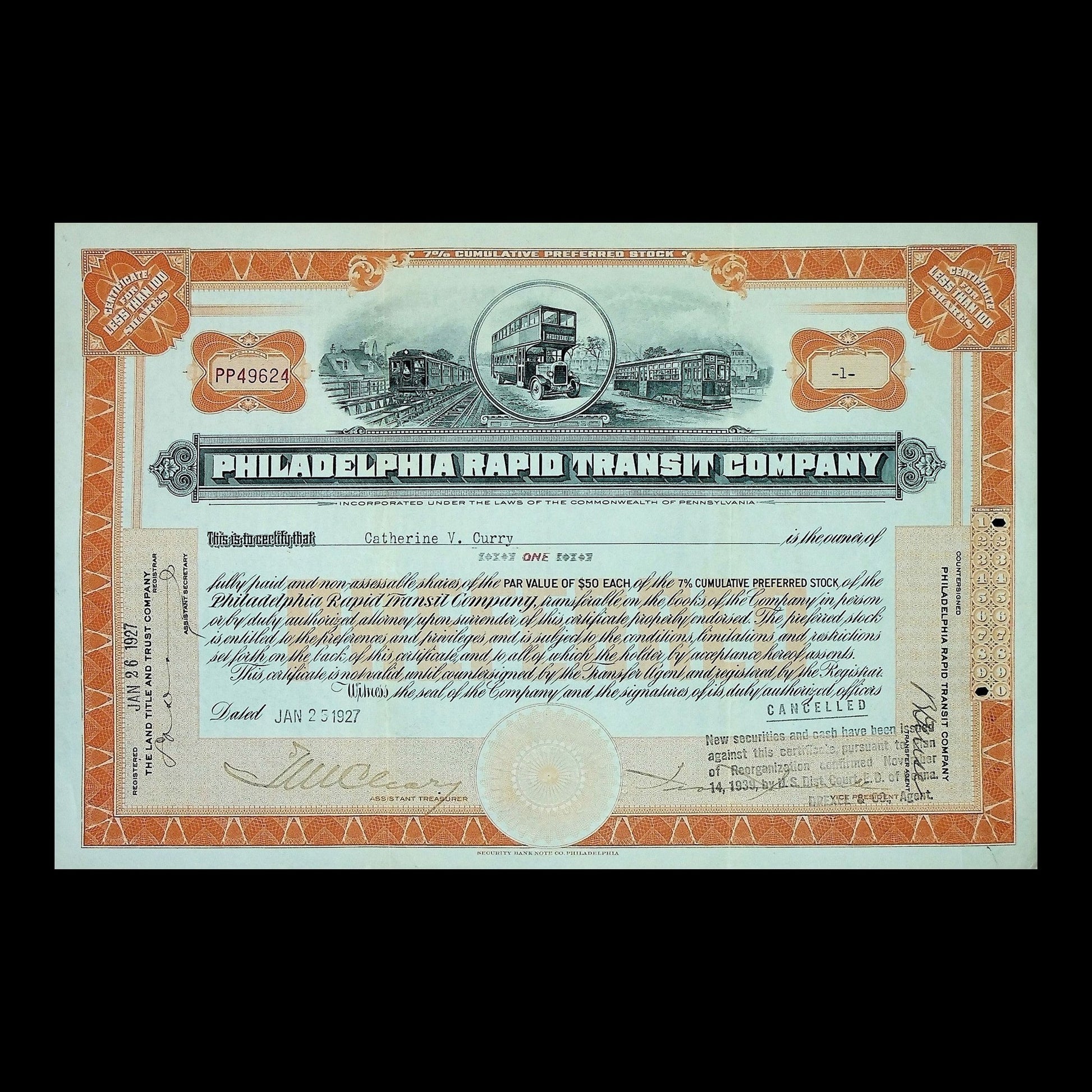 Philadelphia Rapid Transit Company Stock Certificate from 1927