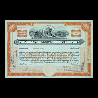 Philadelphia Rapid Transit Company Stock Certificate from 1927