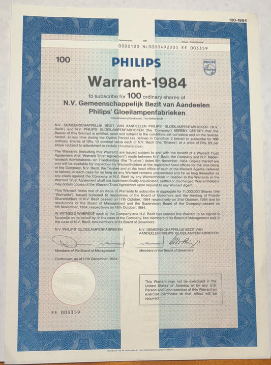 Philips (Healthcare) Warrant Certificate, Blue from 1984 in german