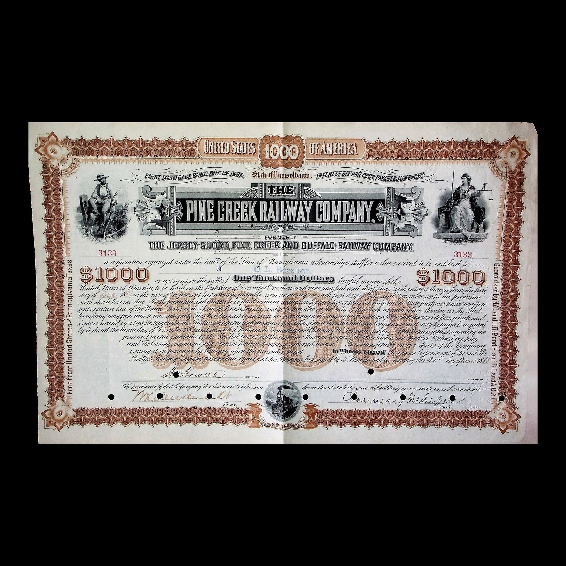 Pine Creek Railway Company First Mortgage Bond from 1885