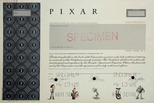 Pixar Stock Certificate with Steve Jobs Signature printed (2005)