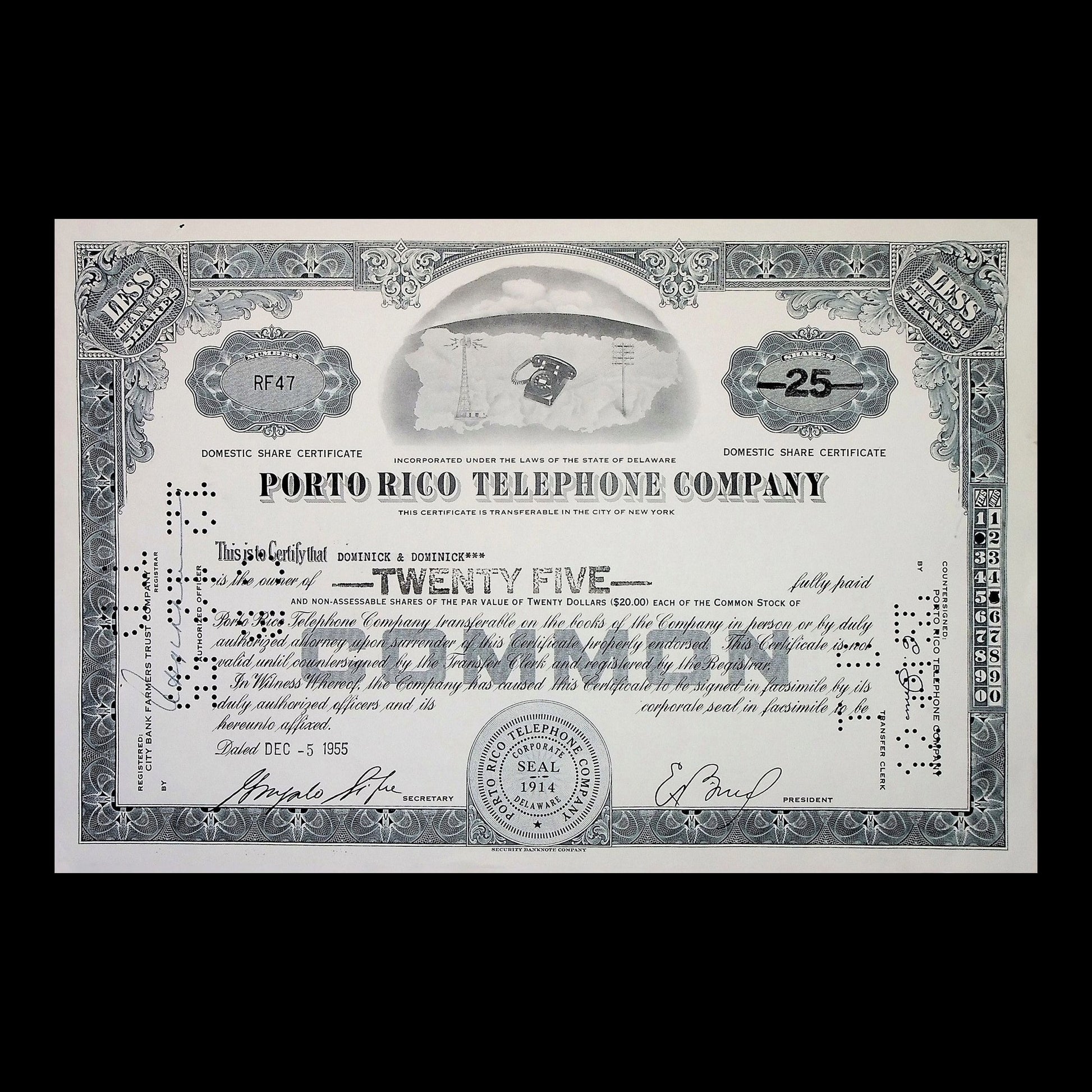 Porto Rico Telephone Company Stock Certificate from 1955