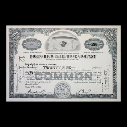 Porto Rico Telephone Company Stock Certificate from 1955