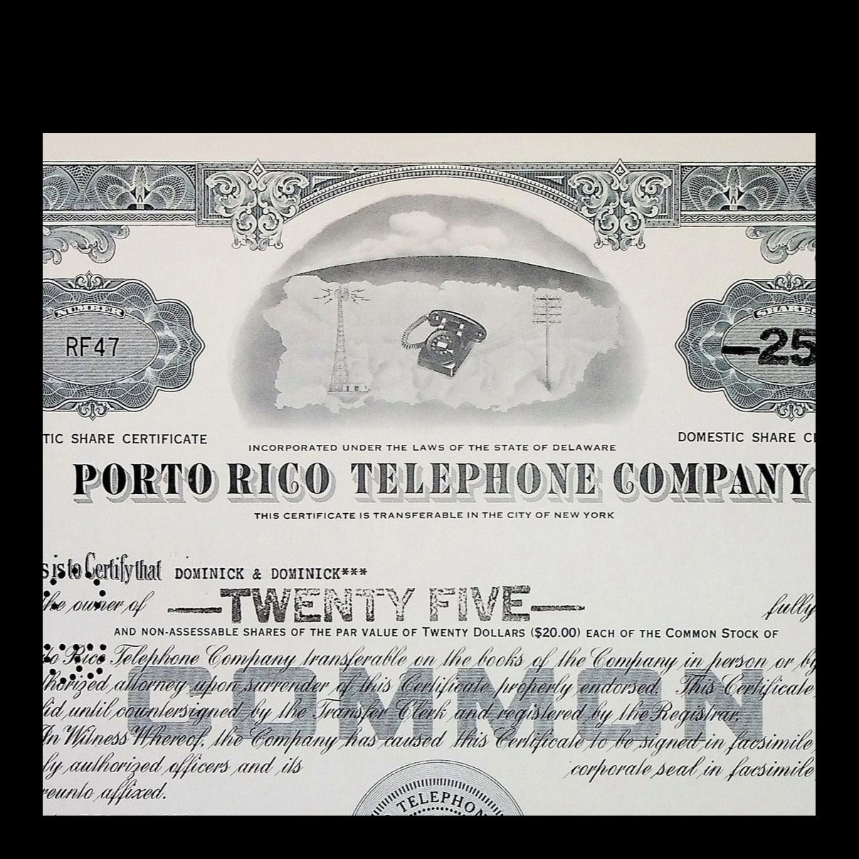 Porto Rico Telephone Company Stock Certificate from 1955