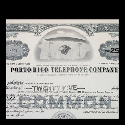 Porto Rico Telephone Company Stock Certificate from 1955