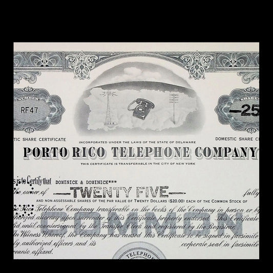 Porto Rico Telephone Company Stock Certificate from 1955