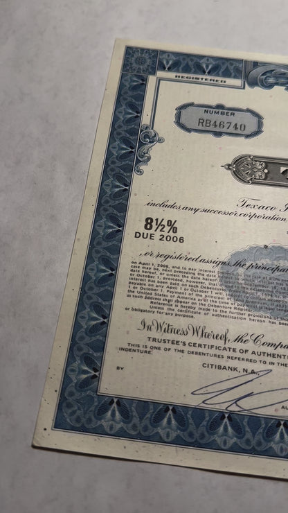 Texaco Inc (now Chevron) Bond Certificate