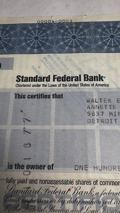 Standard Federal Bank (now LaSalle), Inc Stock Certificate