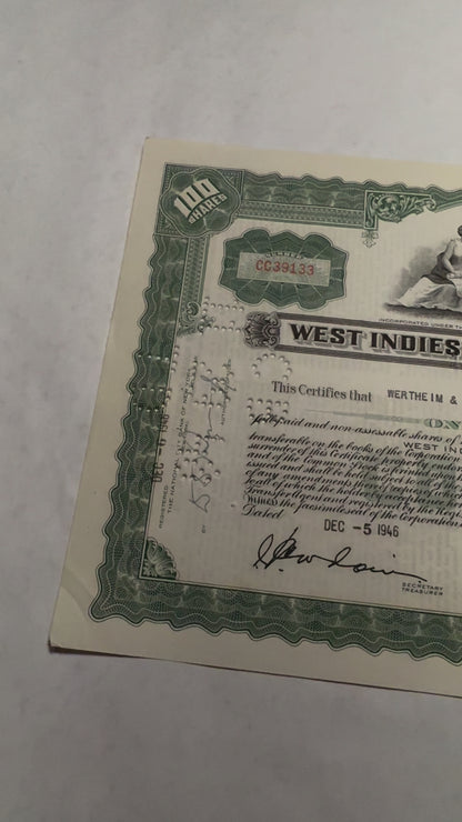 West Indies Sugar Corporation Stock Certificate