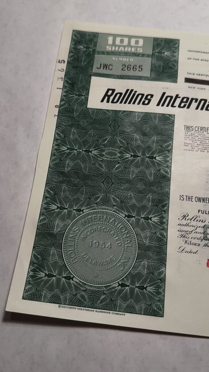 Rollins International (Pest Control & Trucking) Inc Stock Certificate