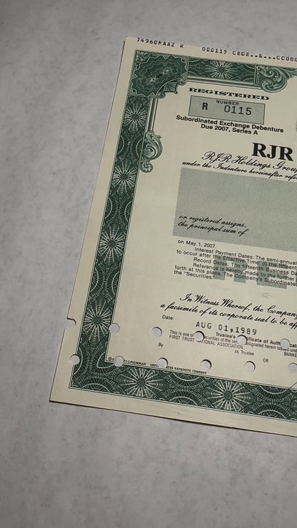 RJR Holdings (Nabisco / Tobacco Company), Inc Stock Certificate