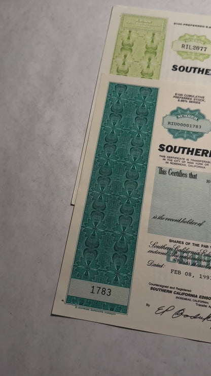 Southern California Edison Company Stock Certificate (green & turquoise)