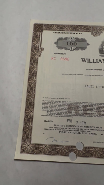 Williams Brothers Company (reduced by Buffet) Bond Certificate