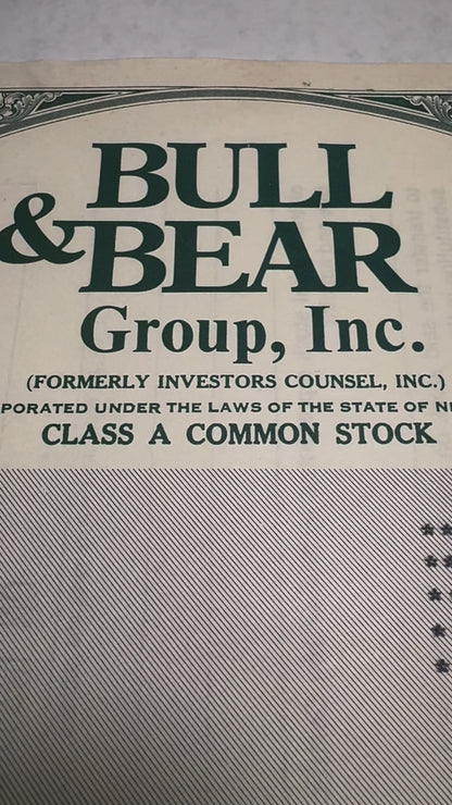 Bull & Bear Group Inc Stock Certificate