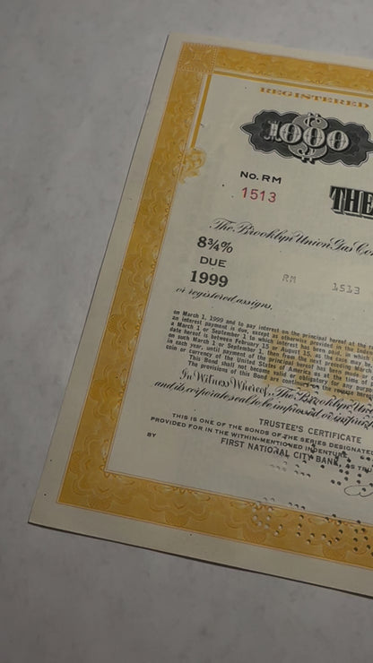 Brooklyn Gas Company (now NationalGrid) Bond Certificate