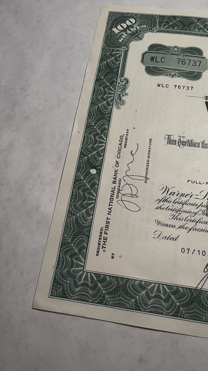 Warner-Lambert (maker of Listerine, Halls, Trident - now Pfizer) Company Stock Certificate