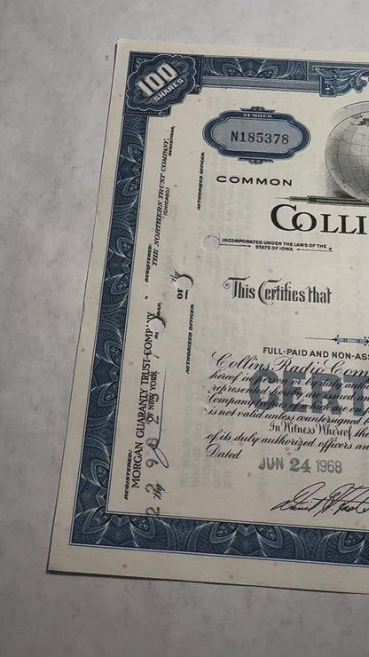 Collins Radio Stock Certificate