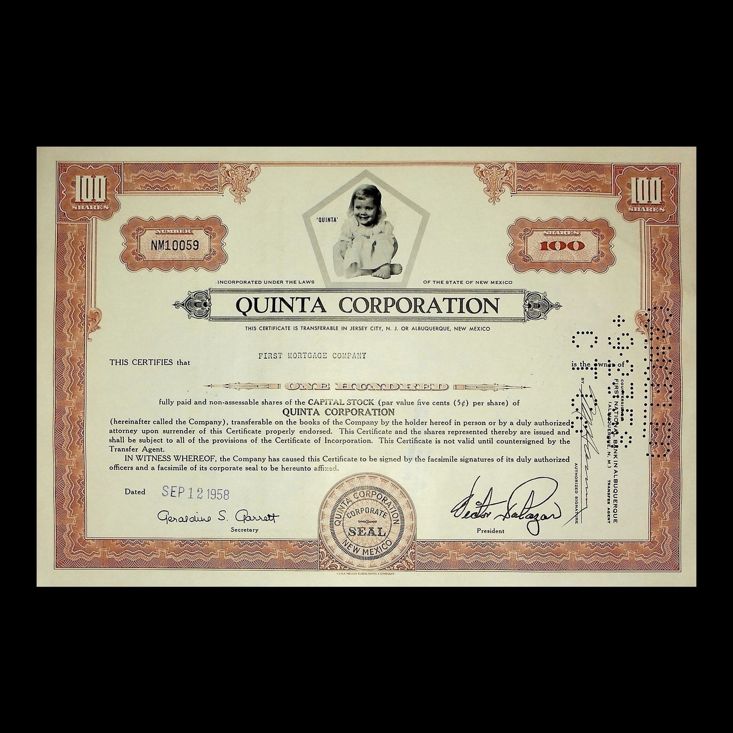 Quinta Corporation Stock Certificate from 1958