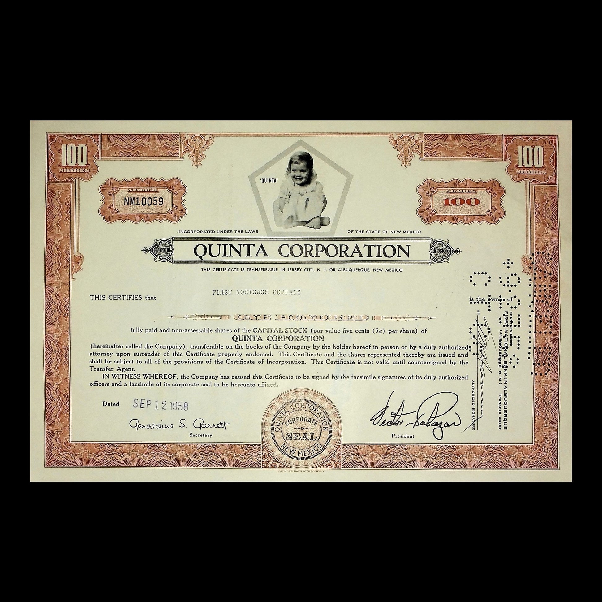 Quinta Corporation Stock Certificate from 1958