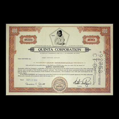 Quinta Corporation Stock Certificate from 1958