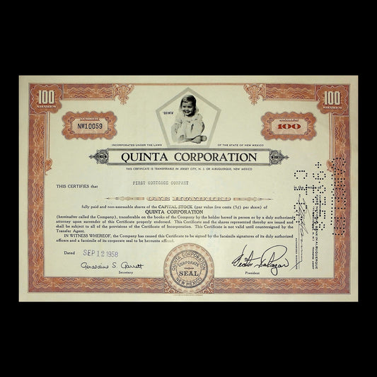 Quinta Corporation Stock Certificate from 1958