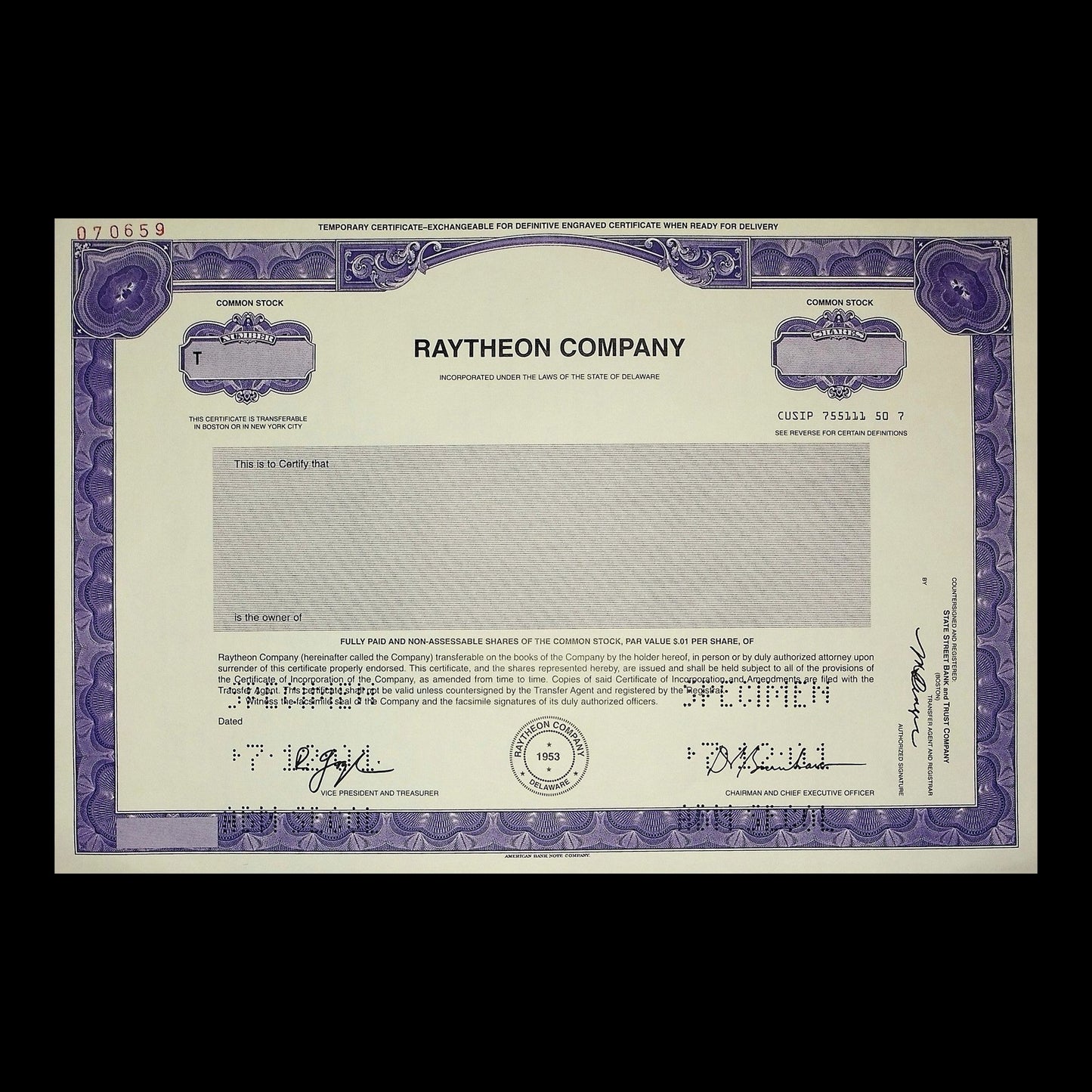 Raytheon Company Stock Certificate from 1953