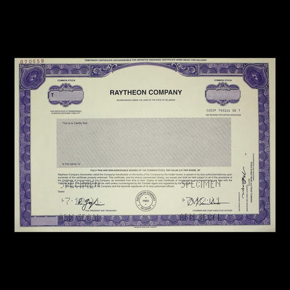 Raytheon Company Stock Certificate from 1953