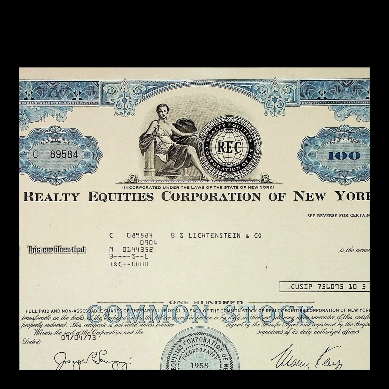 Realty Equities Corporation of New York Stock Certificate from 1973