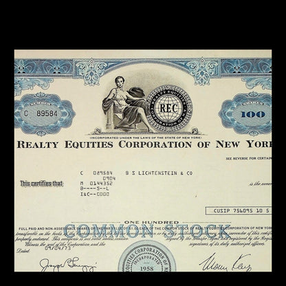 Realty Equities Corporation of New York Stock Certificate from 1973