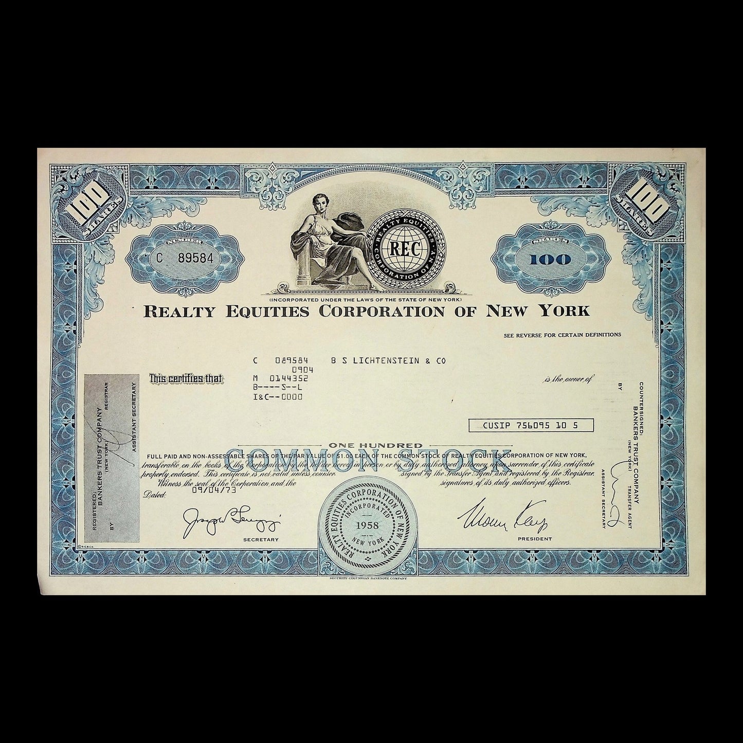 Realty Equities Corporation of New York Stock Certificate from 1973