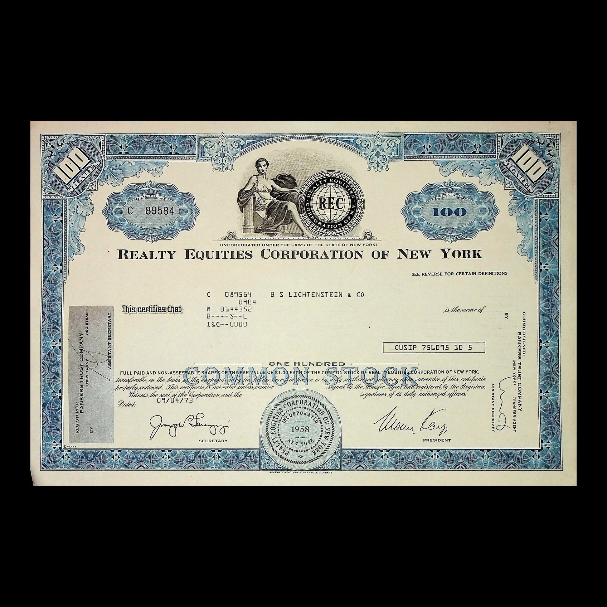 Realty Equities Corporation of New York Stock Certificate from 1973