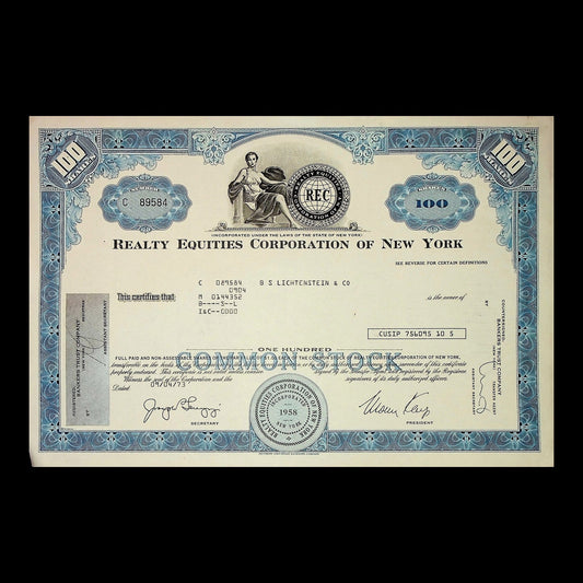 Realty Equities Corporation of New York Stock Certificate from 1973