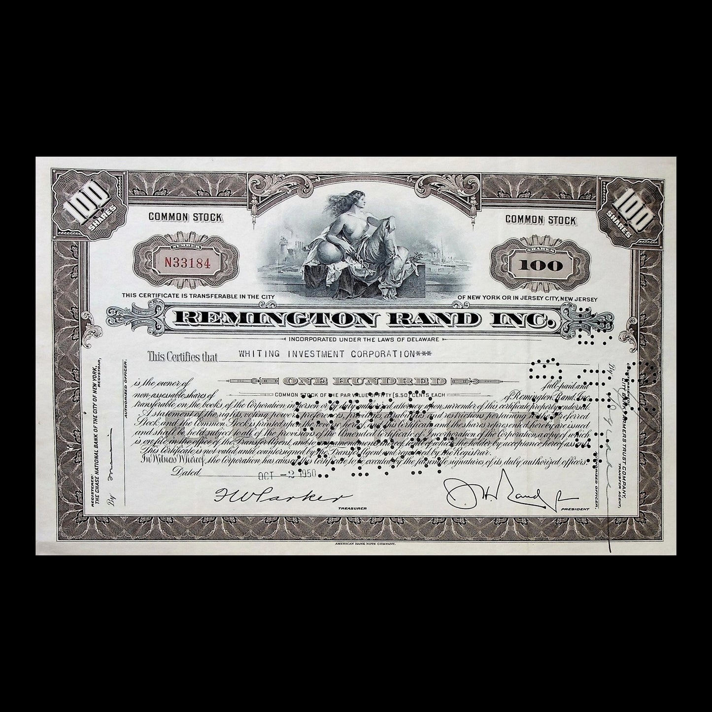 Remington Rand Inc. Stock Certificate from 1951 - Predicted Eisenhower's victory