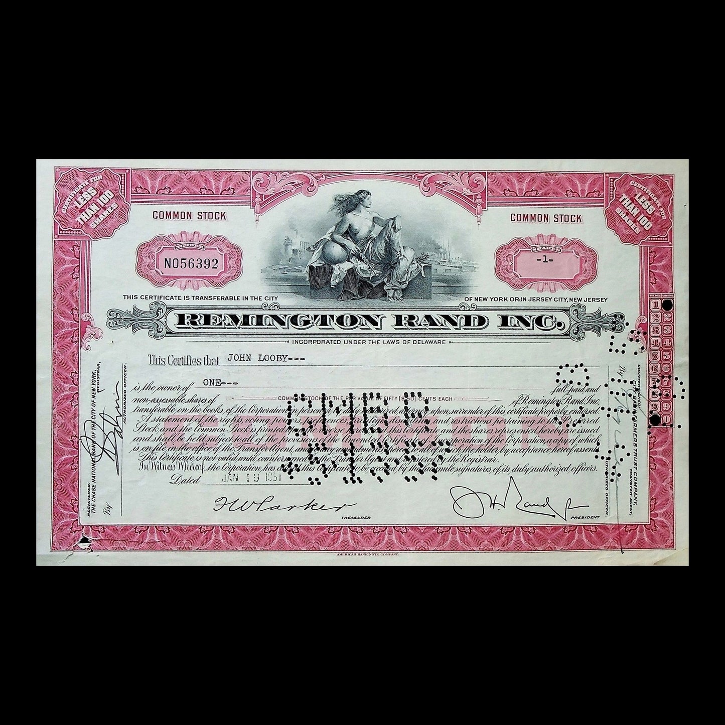 Remington Rand Inc. Stock Certificate from 1930s