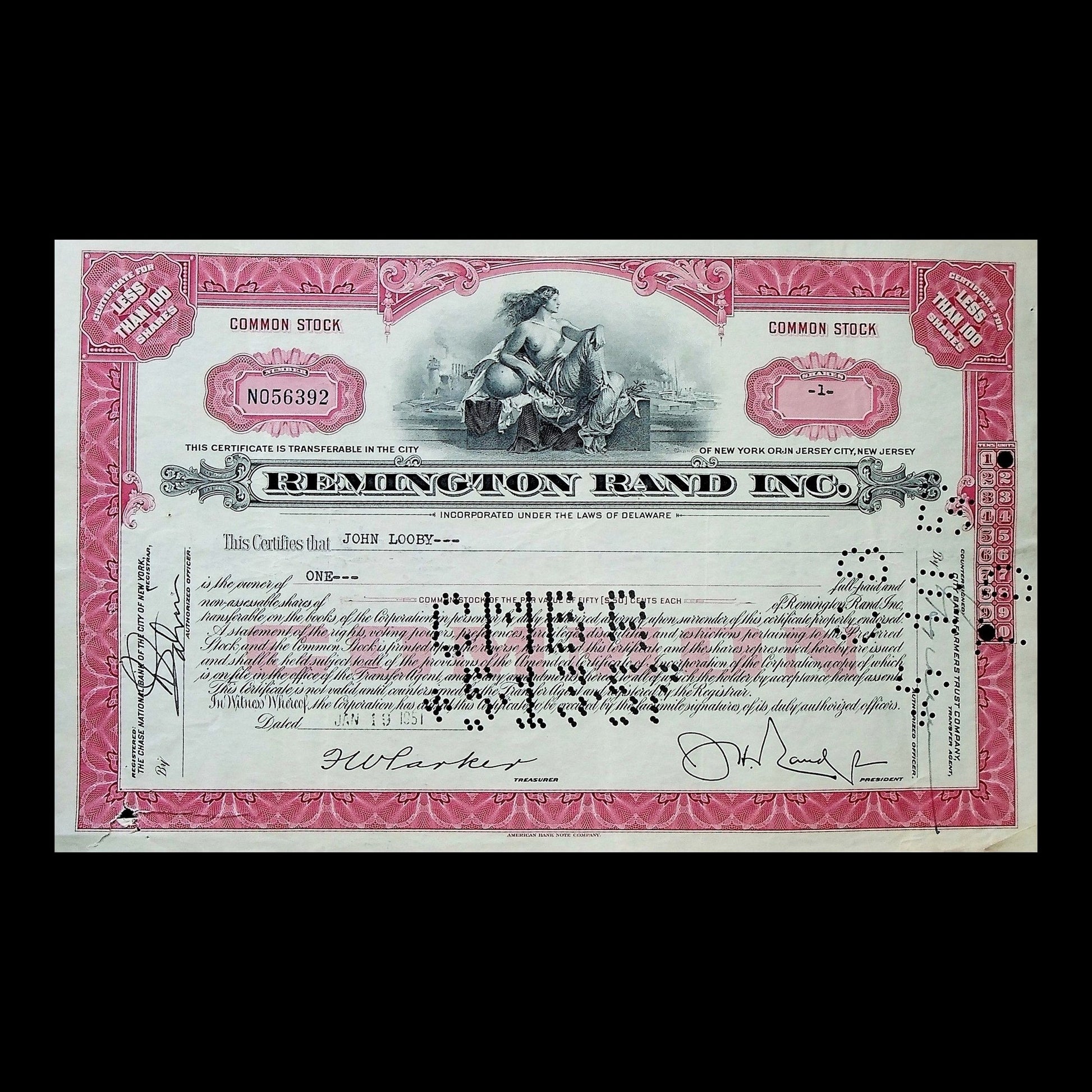 Remington Rand Inc. Stock Certificate from 1930s