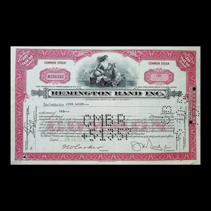 Remington Rand Inc. Stock Certificate from 1930s