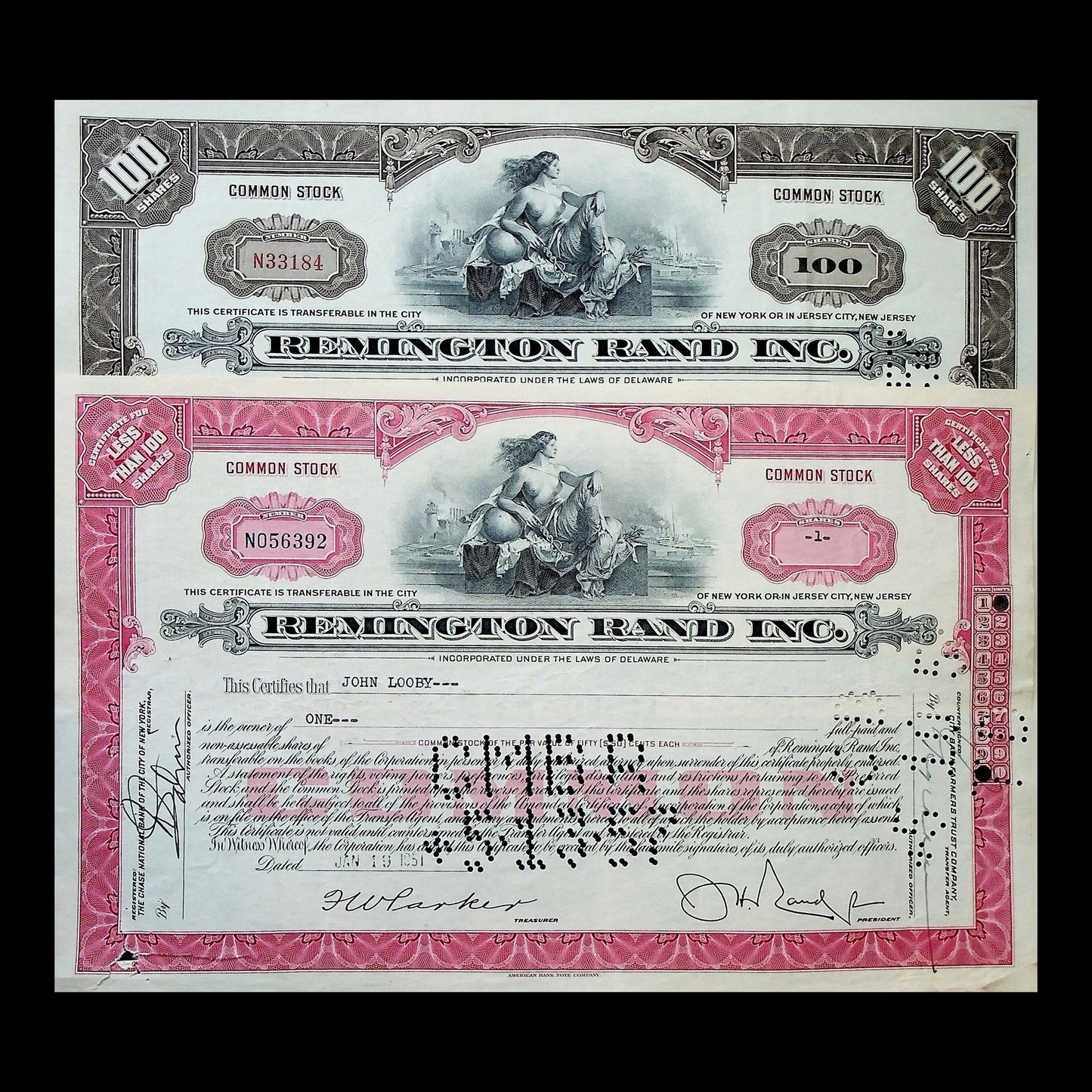 Remington Rand Inc. Stock Certificate from 1930s