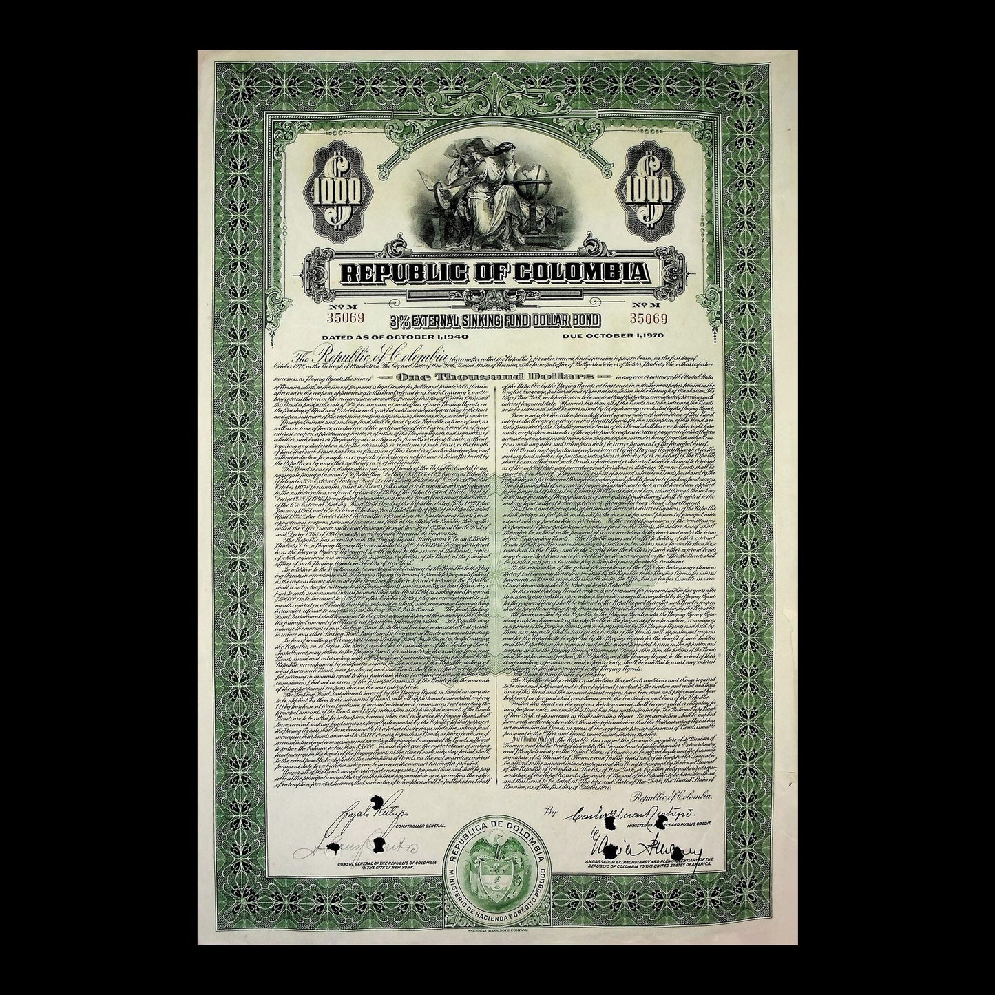 Republic of Colombia Bond from 1920