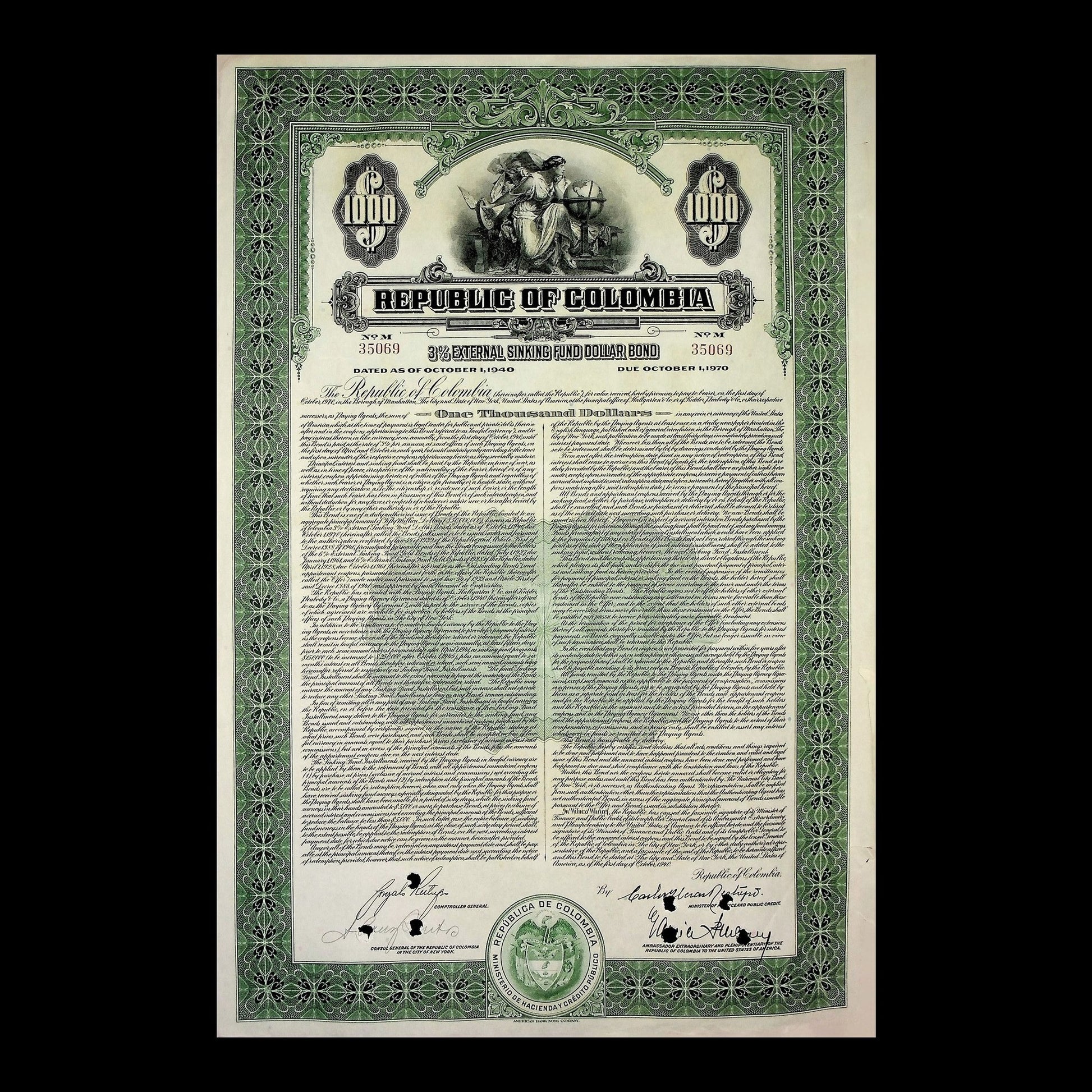 Republic of Colombia Bond from 1920