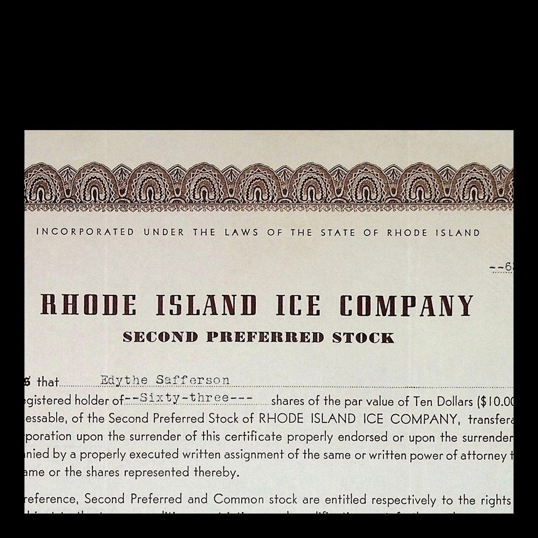 Rhode Island Ice Company Stock Certificate from 1945