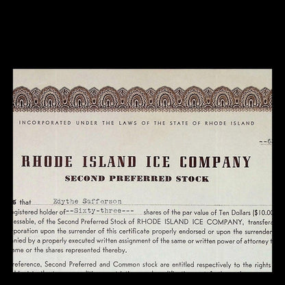 Rhode Island Ice Company Stock Certificate from 1945
