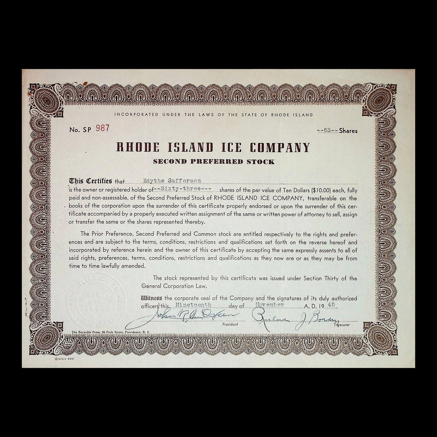 Rhode Island Ice Company Stock Certificate from 1945